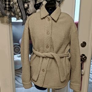 Uniqlo fluffy teddy tie jacket cream natural